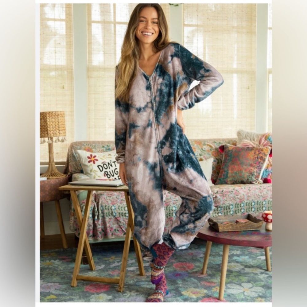 Natural Life Blue Gray Boho Fleece Onesie Size Large Tie Dye EUC